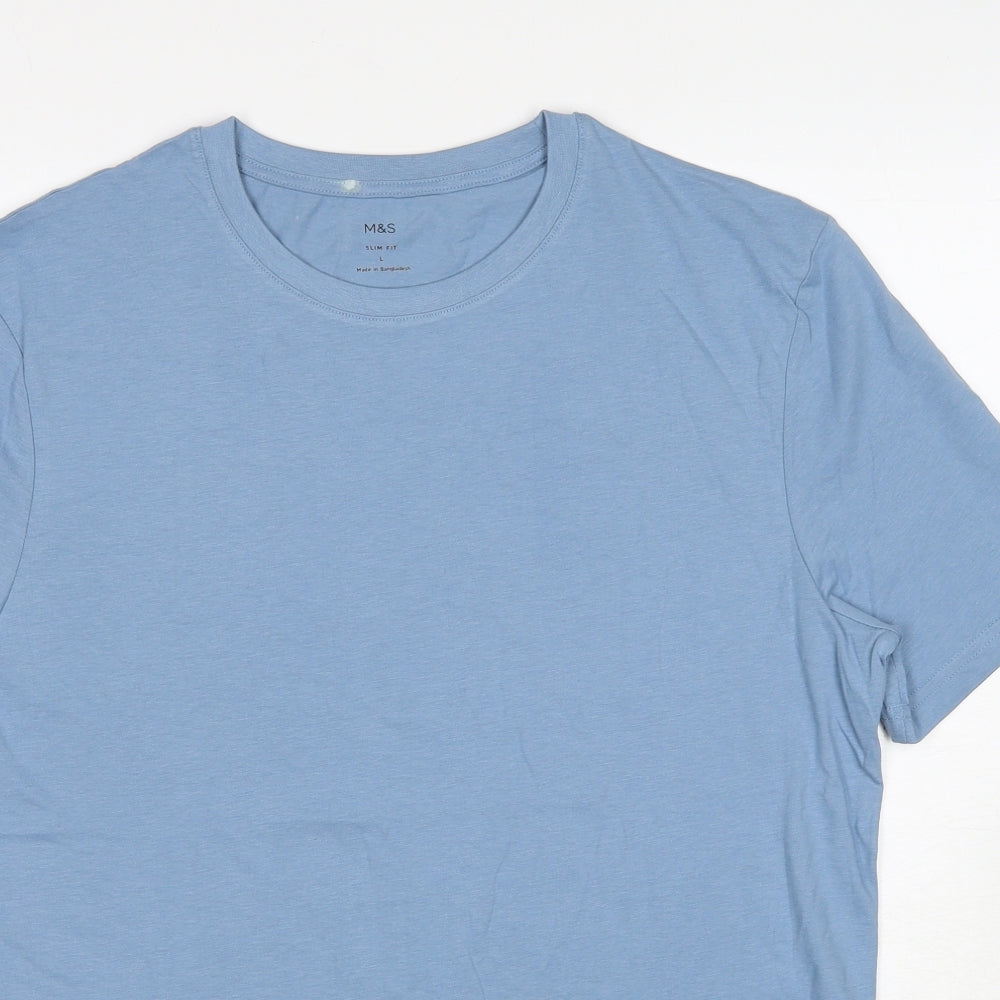 Marks and Spencer Mens Blue Cotton T-Shirt Size L Round Neck