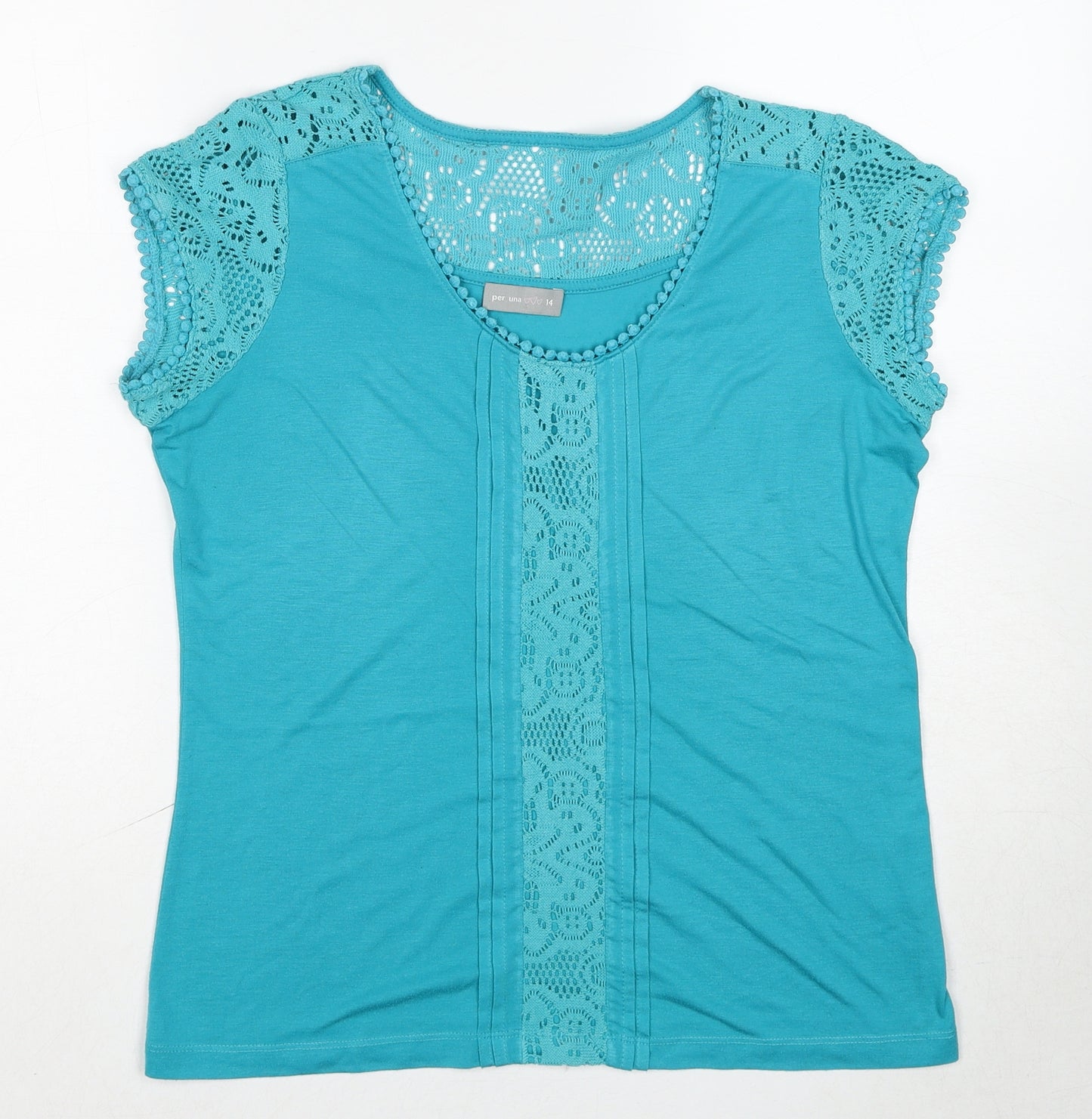 Per Una Womens Blue Polyester Basic T-Shirt Size 14 Round Neck - Crochet Detail