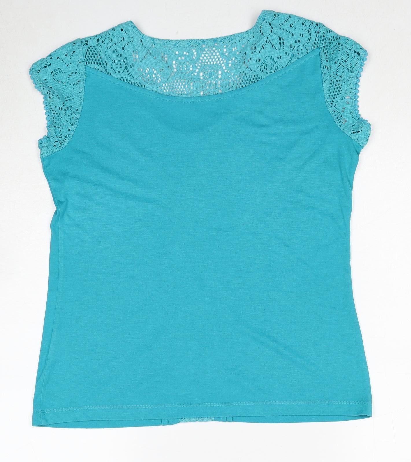 Per Una Womens Blue Polyester Basic T-Shirt Size 14 Round Neck - Crochet Detail
