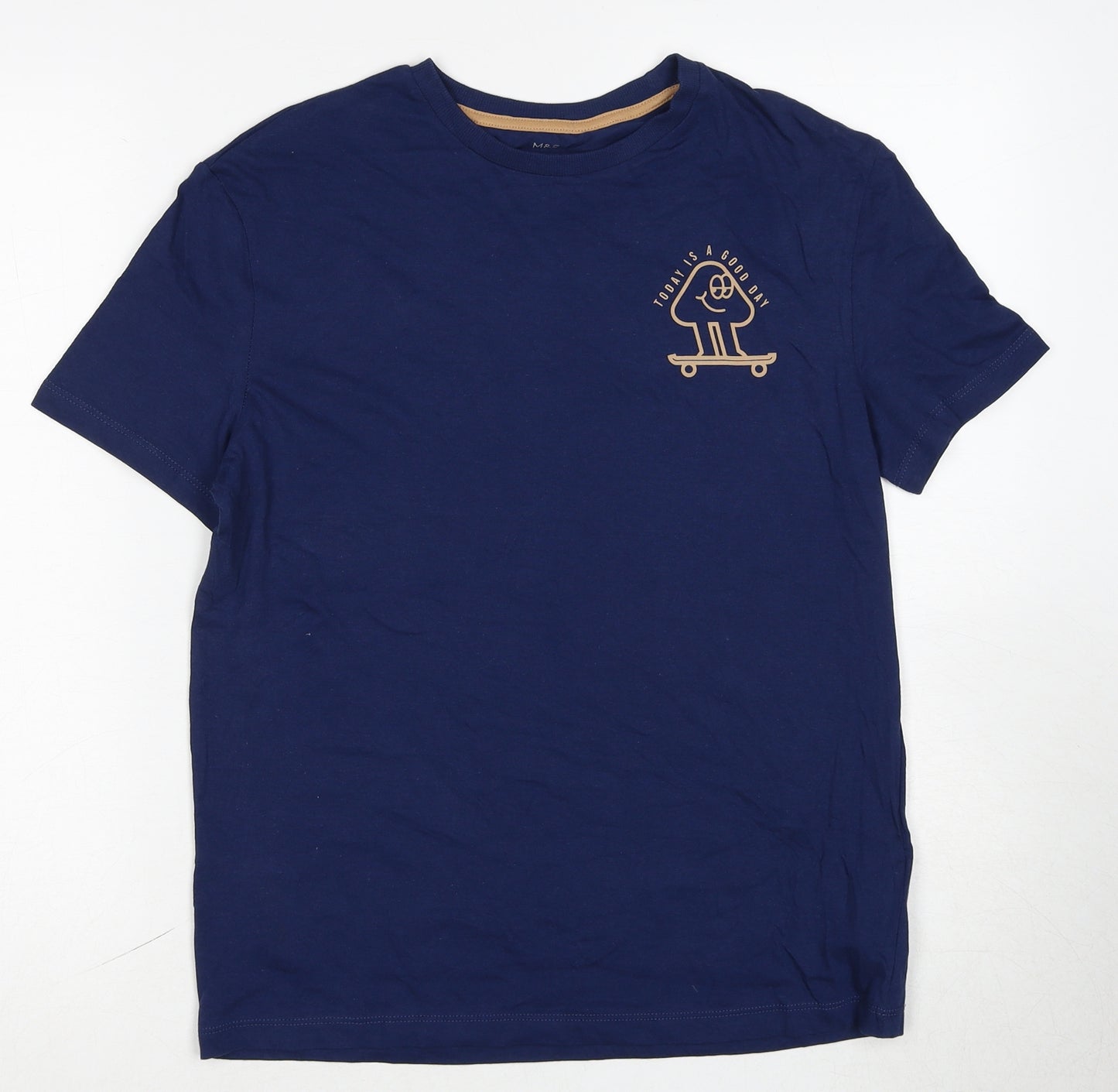 Marks and Spencer Boys Blue Cotton Basic T-Shirt Size 12-13 Years Round Neck Pullover - Today Is A Good Day