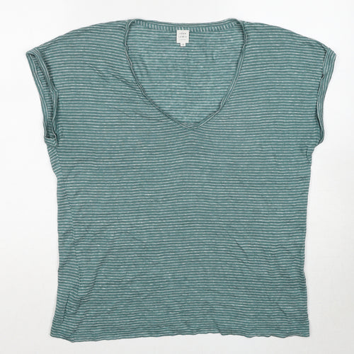 John Lewis Womens Green Striped Linen Basic T-Shirt Size 12 V-Neck
