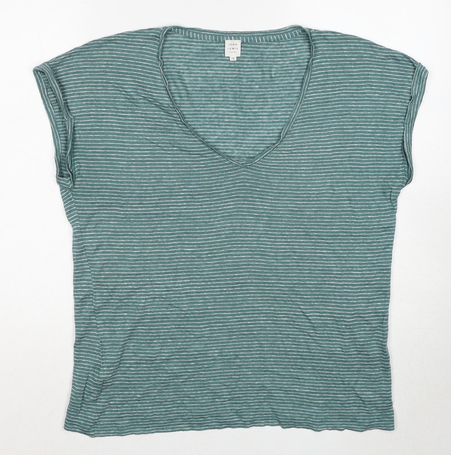 John Lewis Womens Green Striped Linen Basic T-Shirt Size 12 V-Neck