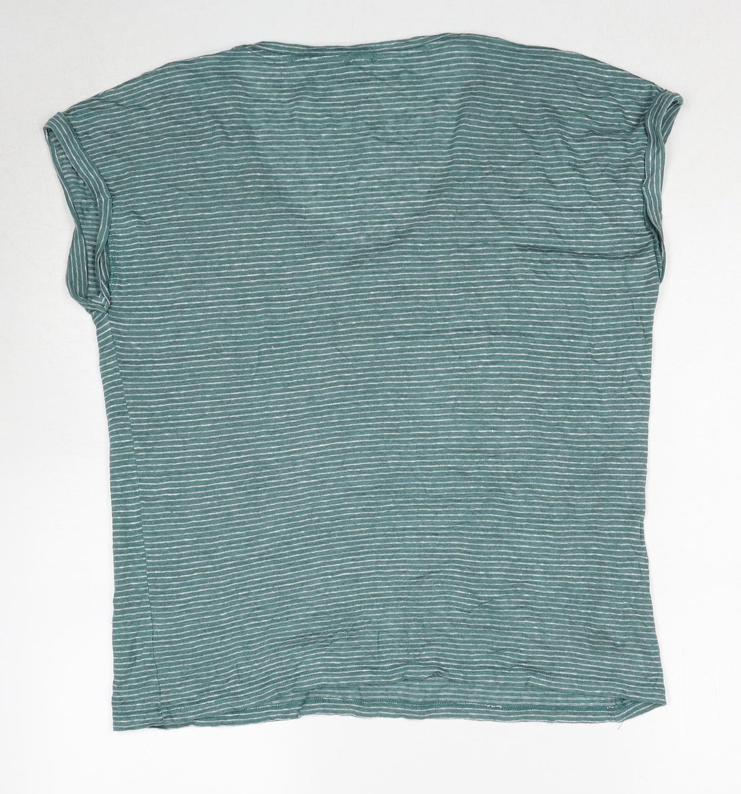 John Lewis Womens Green Striped Linen Basic T-Shirt Size 12 V-Neck