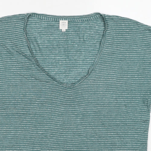 John Lewis Womens Green Striped Linen Basic T-Shirt Size 12 V-Neck