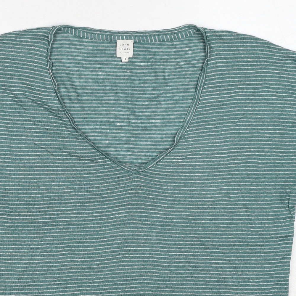 John Lewis Womens Green Striped Linen Basic T-Shirt Size 12 V-Neck