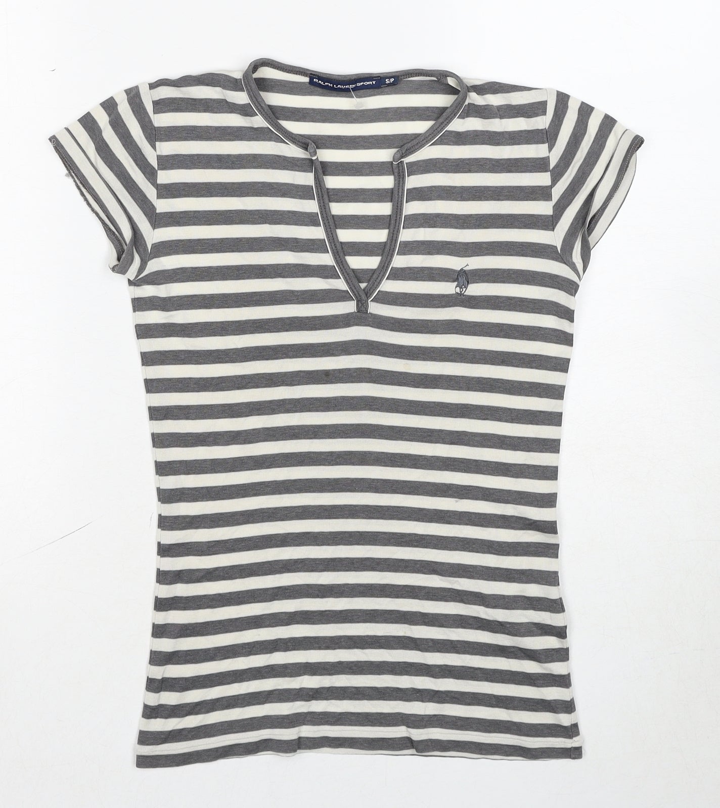 Ralph Lauren Sport Womens Grey Striped Cotton Basic T-Shirt Size S V-Neck