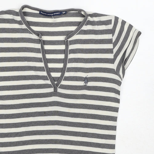 Ralph Lauren Sport Womens Grey Striped Cotton Basic T-Shirt Size S V-Neck