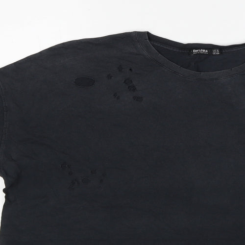 Bershka Mens Grey Cotton T-Shirt Size M Round Neck - Distressed Look