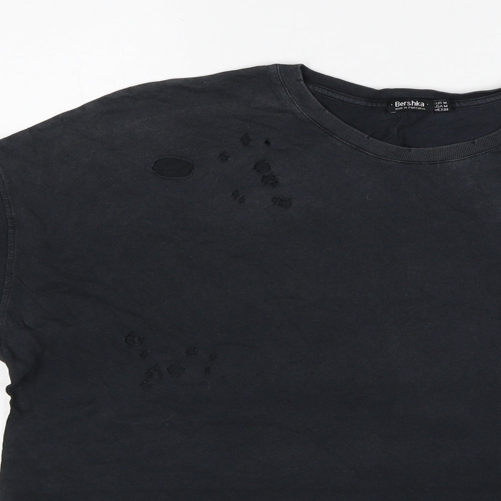 Bershka Mens Grey Cotton T-Shirt Size M Round Neck - Distressed Look