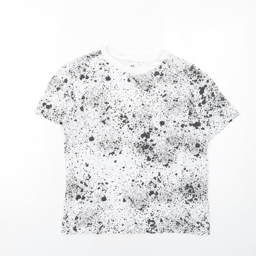 H&M Boys White Geometric Cotton Basic T-Shirt Size 10-11 Years Round Neck Pullover