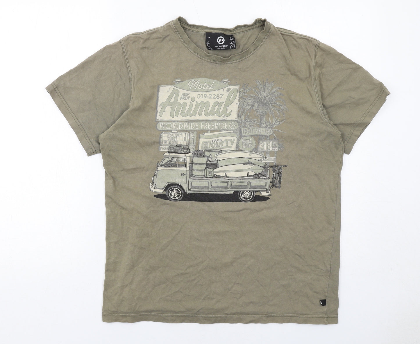 Animal Mens Green Cotton T-Shirt Size M Round Neck - Motel Animal