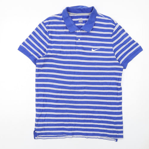 Nike Mens Blue Striped Cotton Polo Size L Collared Button