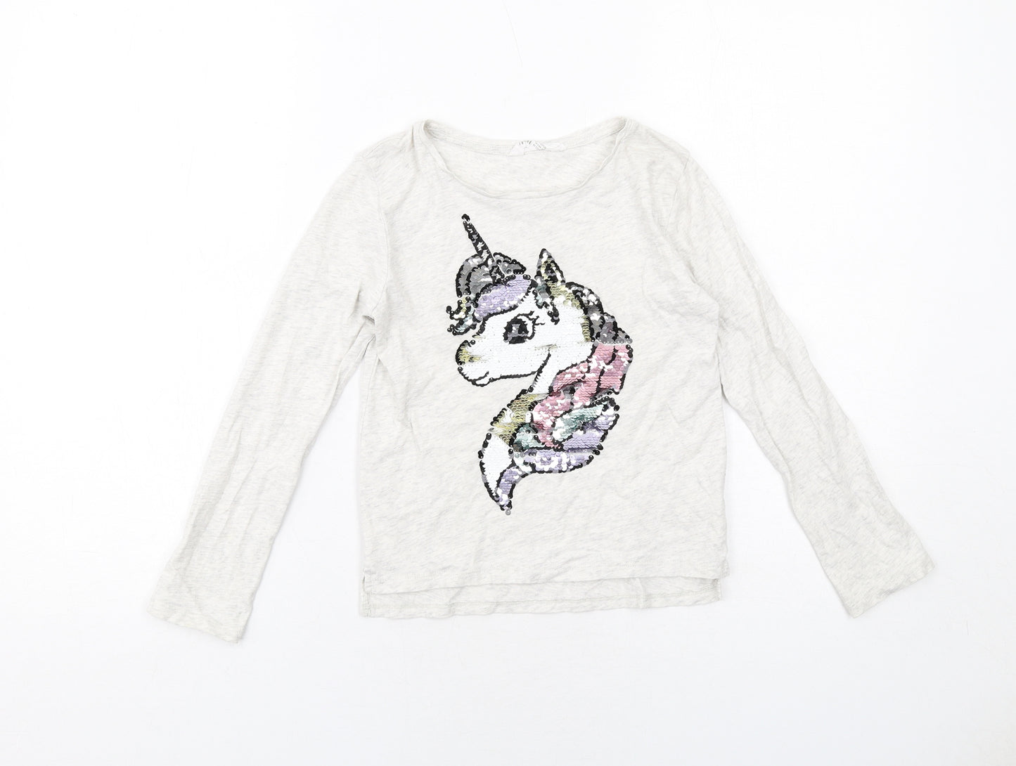 H&M Girls Grey Cotton Basic T-Shirt Size 7-8 Years Round Neck Pullover - Unicorn Print