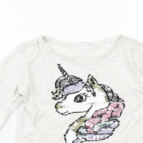 H&M Girls Grey Cotton Basic T-Shirt Size 7-8 Years Round Neck Pullover - Unicorn Print