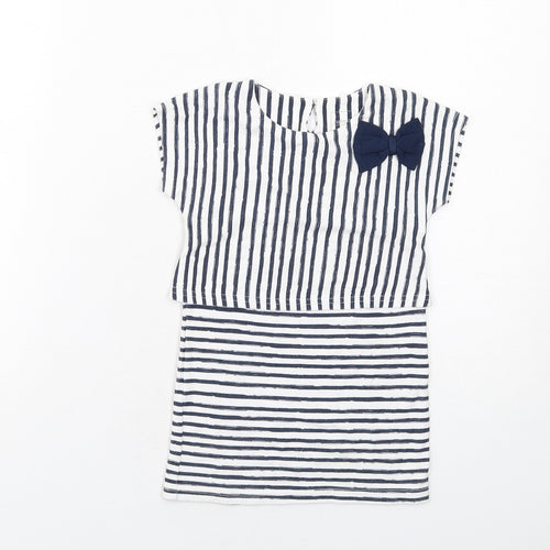 name it Girls Blue Striped Viscose T-Shirt Dress Size 5 Years Boat Neck Button