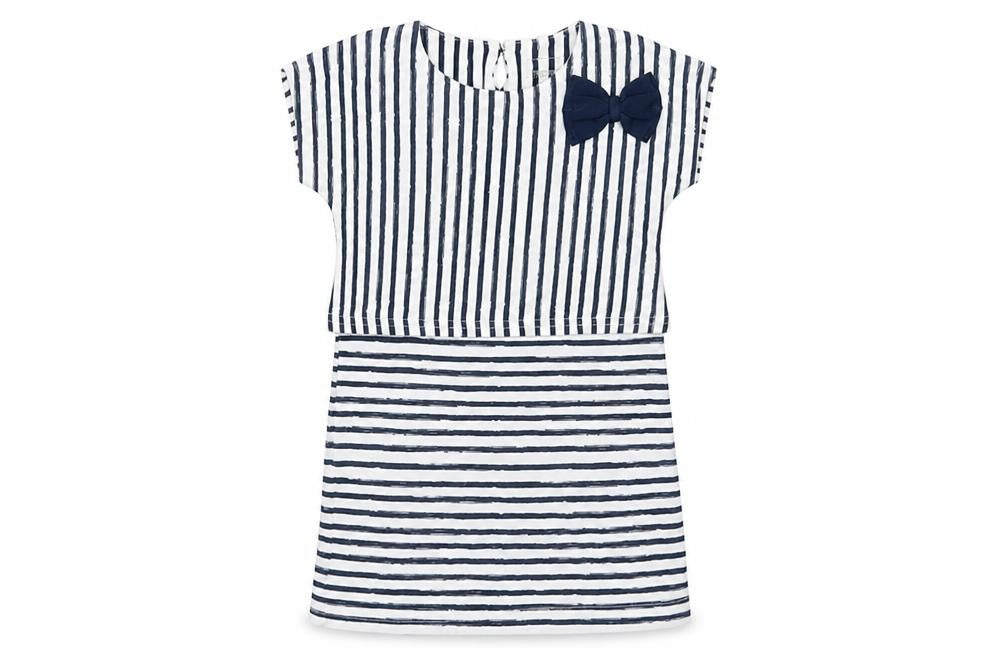 name it Girls Blue Striped Viscose T-Shirt Dress Size 5 Years Boat Neck Button