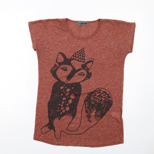 Numph Womens Brown Polyester Basic T-Shirt Size XS Round Neck - Fox Print