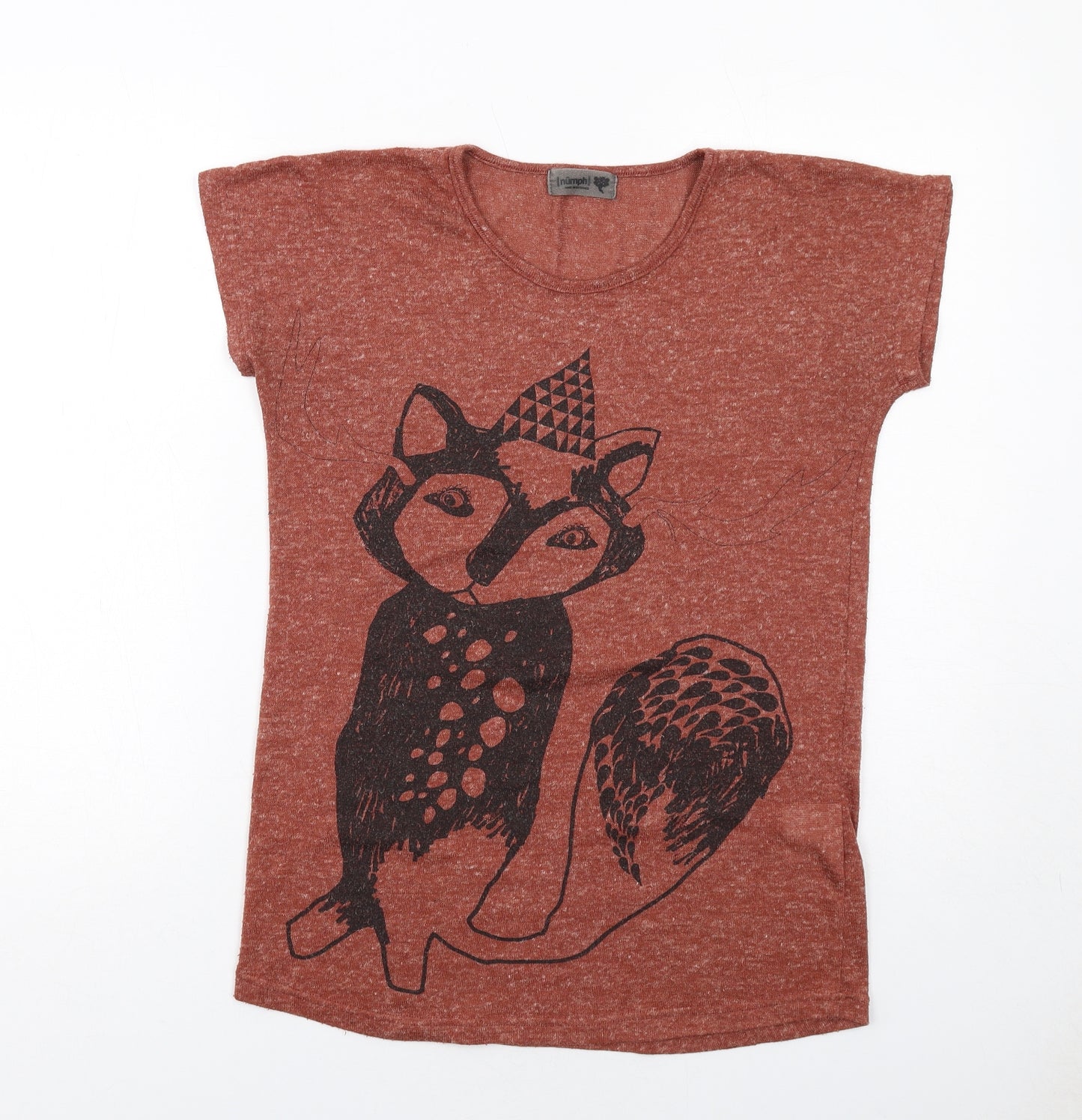Numph Womens Brown Polyester Basic T-Shirt Size XS Round Neck - Fox Print