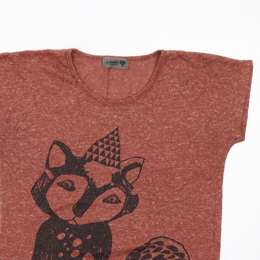 Numph Womens Brown Polyester Basic T-Shirt Size XS Round Neck - Fox Print