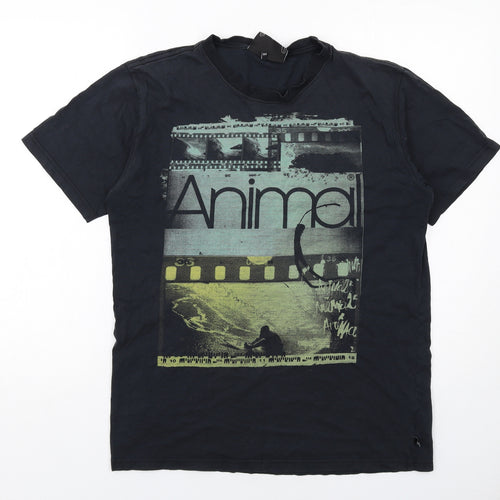 Animal Mens Black Cotton T-Shirt Size M Round Neck