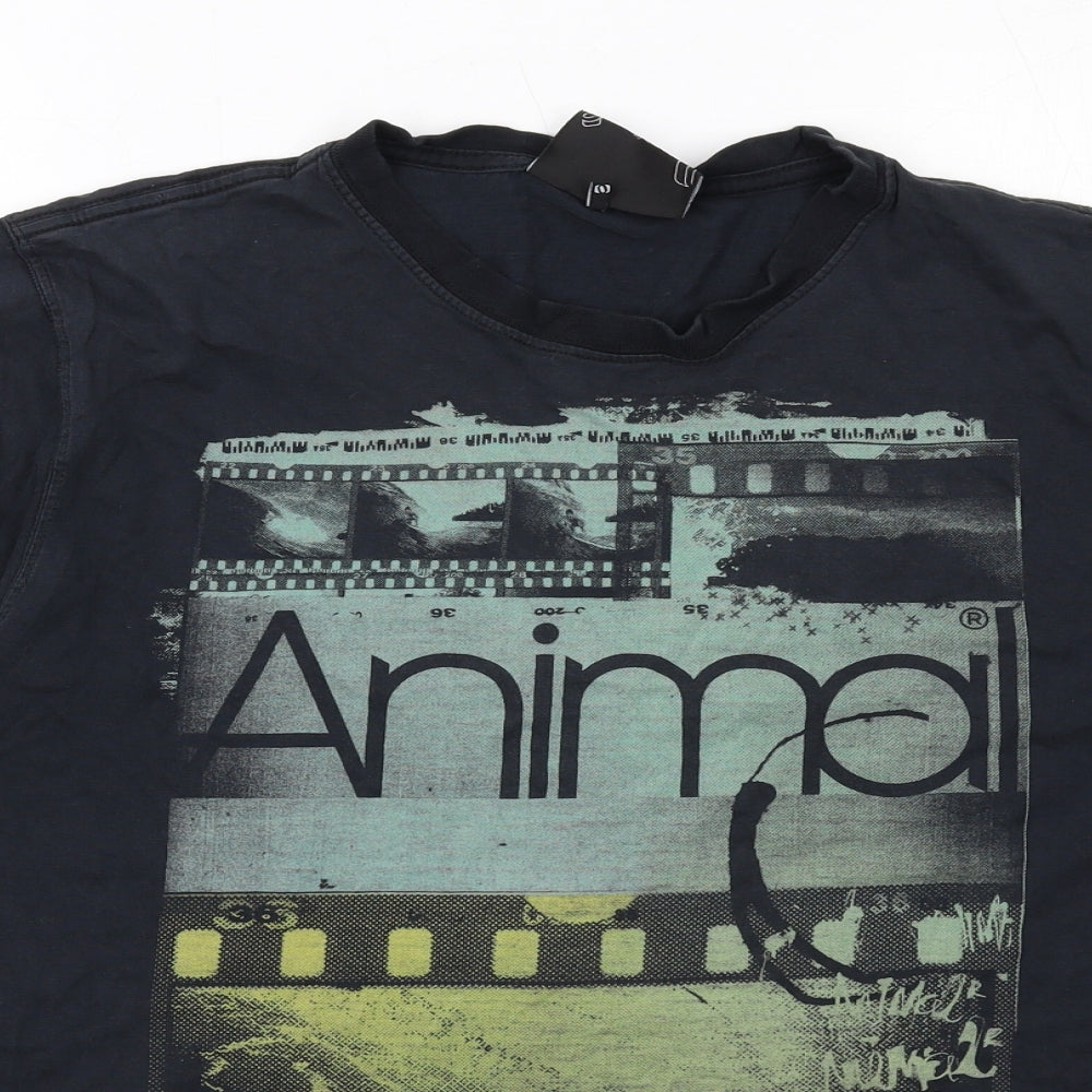 Animal Mens Black Cotton T-Shirt Size M Round Neck
