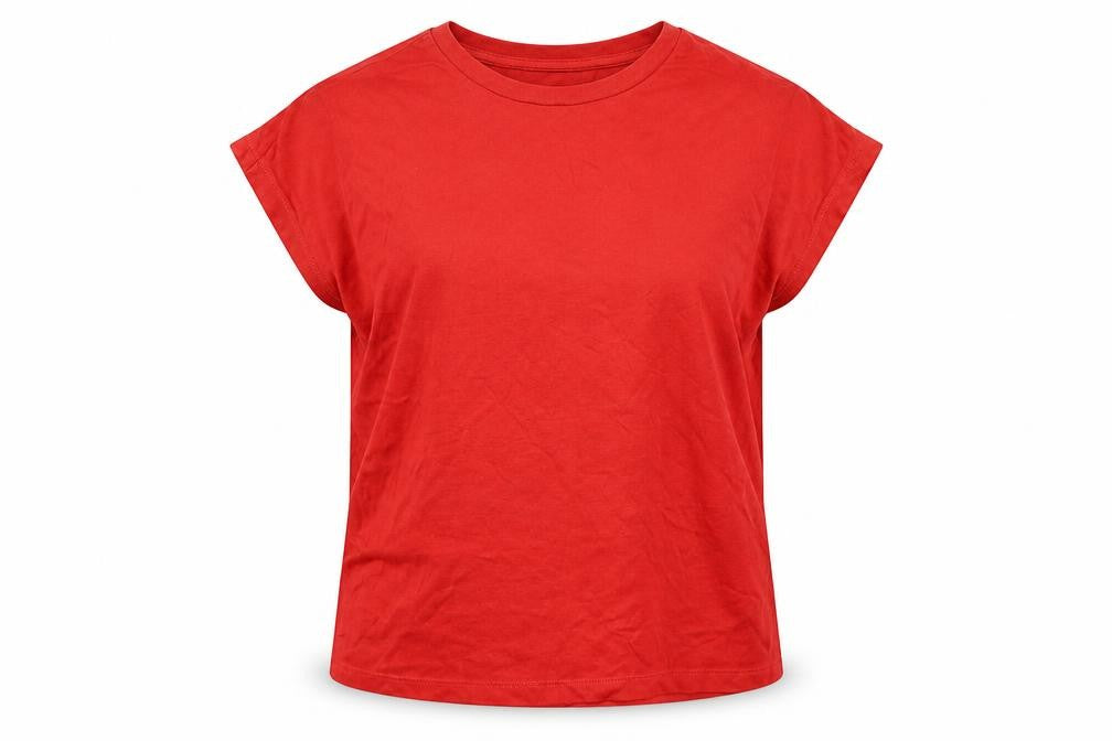 Front view of Zara women’s red cotton basic t-shirt, size S, round neck