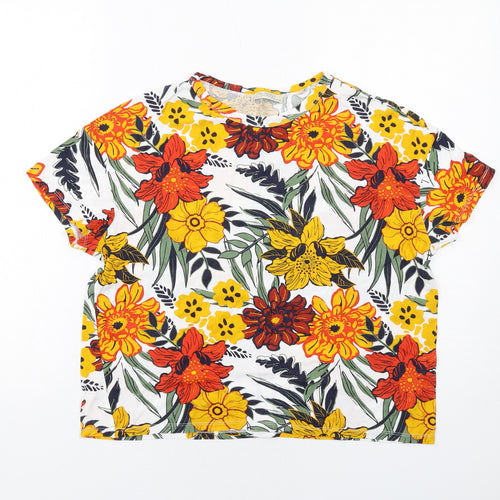 Zara Womens Multicoloured Floral Cotton Basic T-Shirt Size S Boat Neck