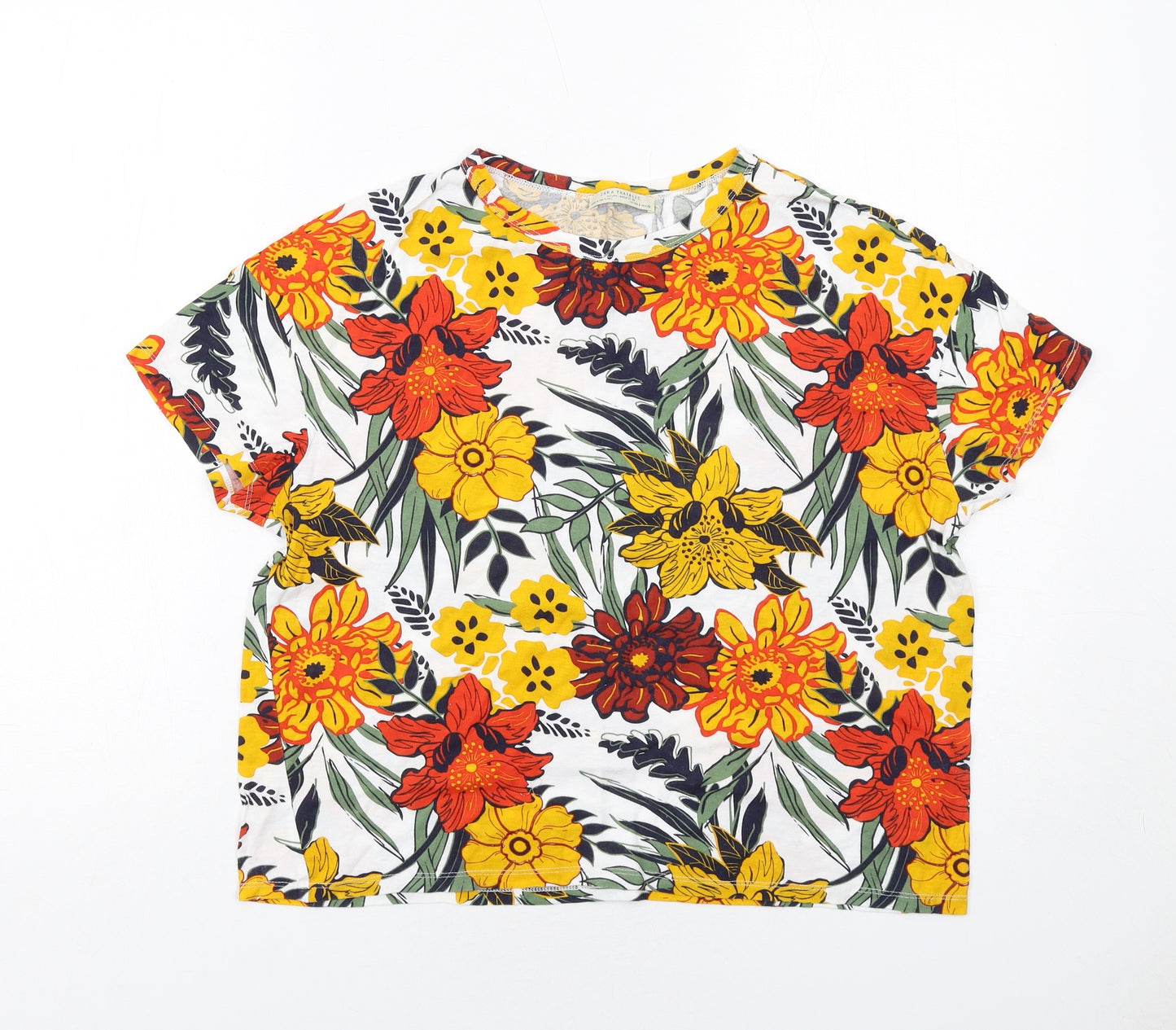 Zara Womens Multicoloured Floral Cotton Basic T-Shirt Size S Boat Neck