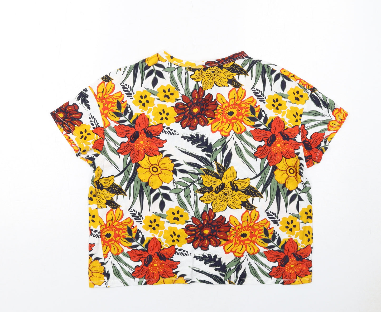 Zara Womens Multicoloured Floral Cotton Basic T-Shirt Size S Boat Neck