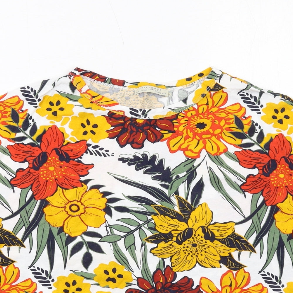 Zara Womens Multicoloured Floral Cotton Basic T-Shirt Size S Boat Neck