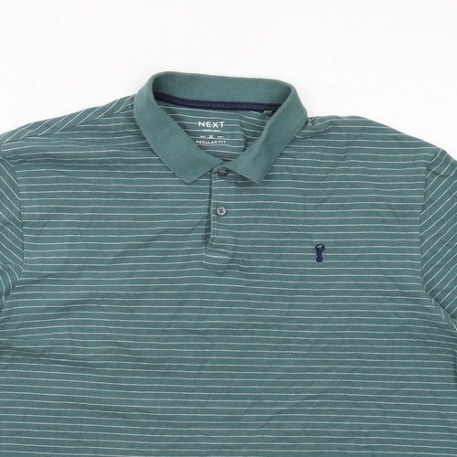 NEXT Mens Green Striped Cotton Polo Size XL Collared Button