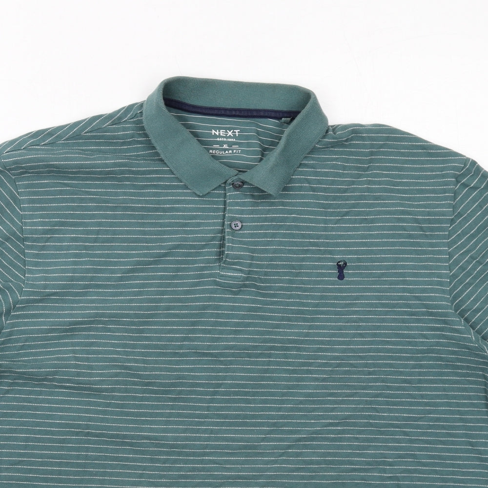 NEXT Mens Green Striped Cotton Polo Size XL Collared Button
