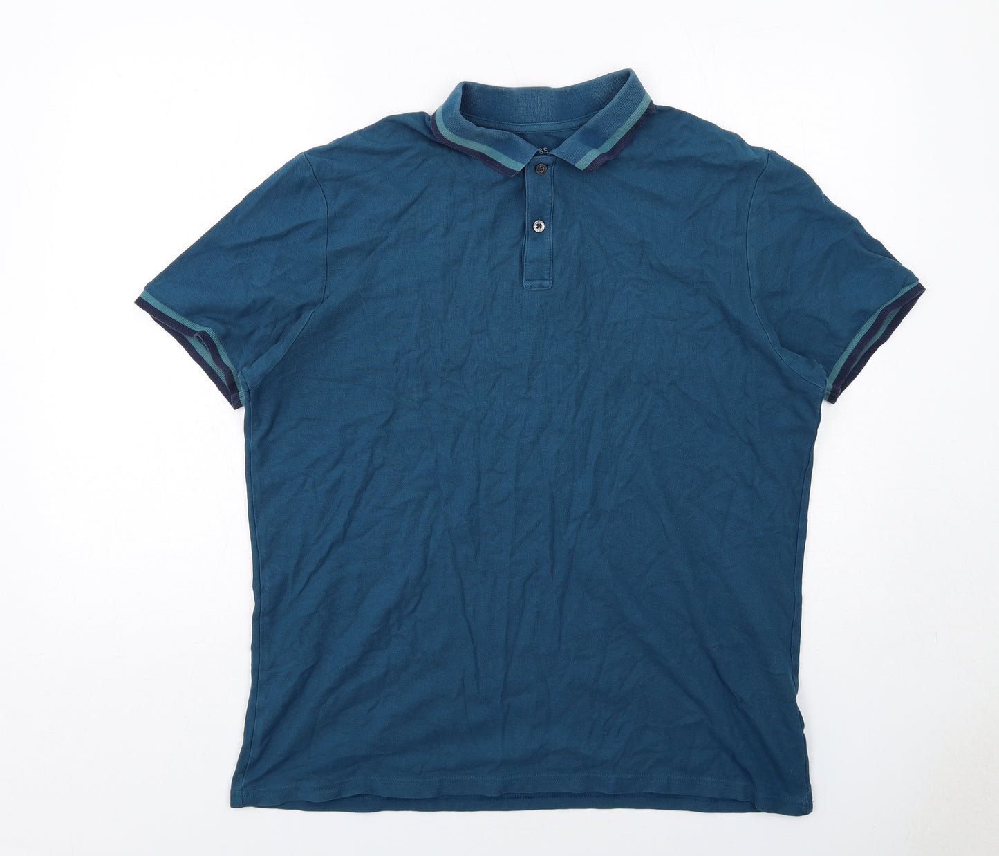 Marks and Spencer Mens Blue Cotton Polo Size XL Collared Button
