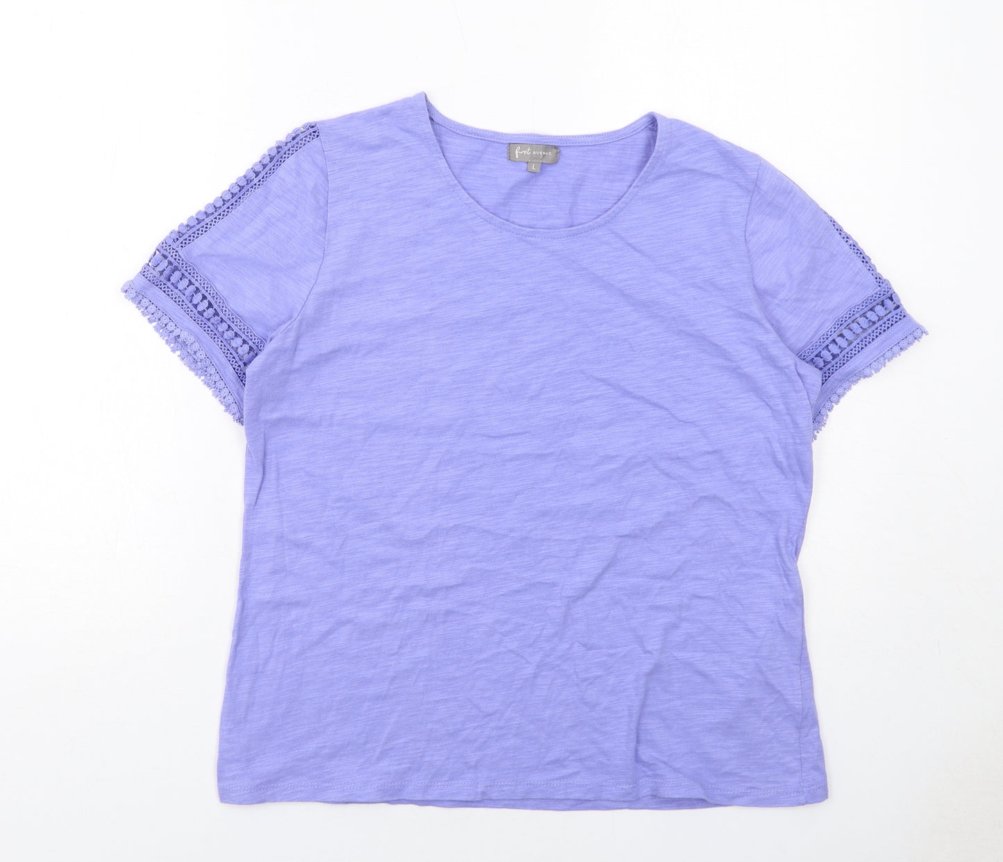 First Avenue Womens Purple Cotton Basic T-Shirt Size L Round Neck - Crochet Detail