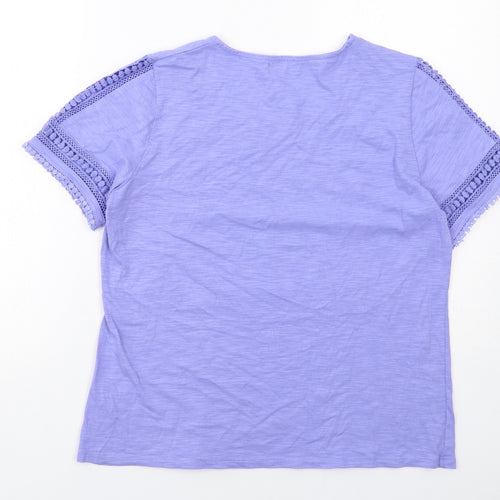 First Avenue Womens Purple Cotton Basic T-Shirt Size L Round Neck - Crochet Detail