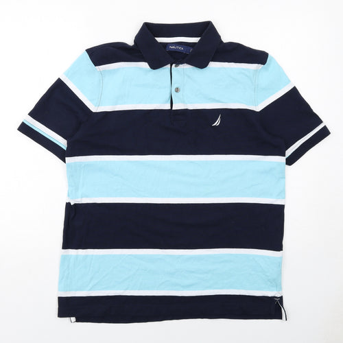 Nautica Mens Blue Striped Cotton Polo Size M Collared Button