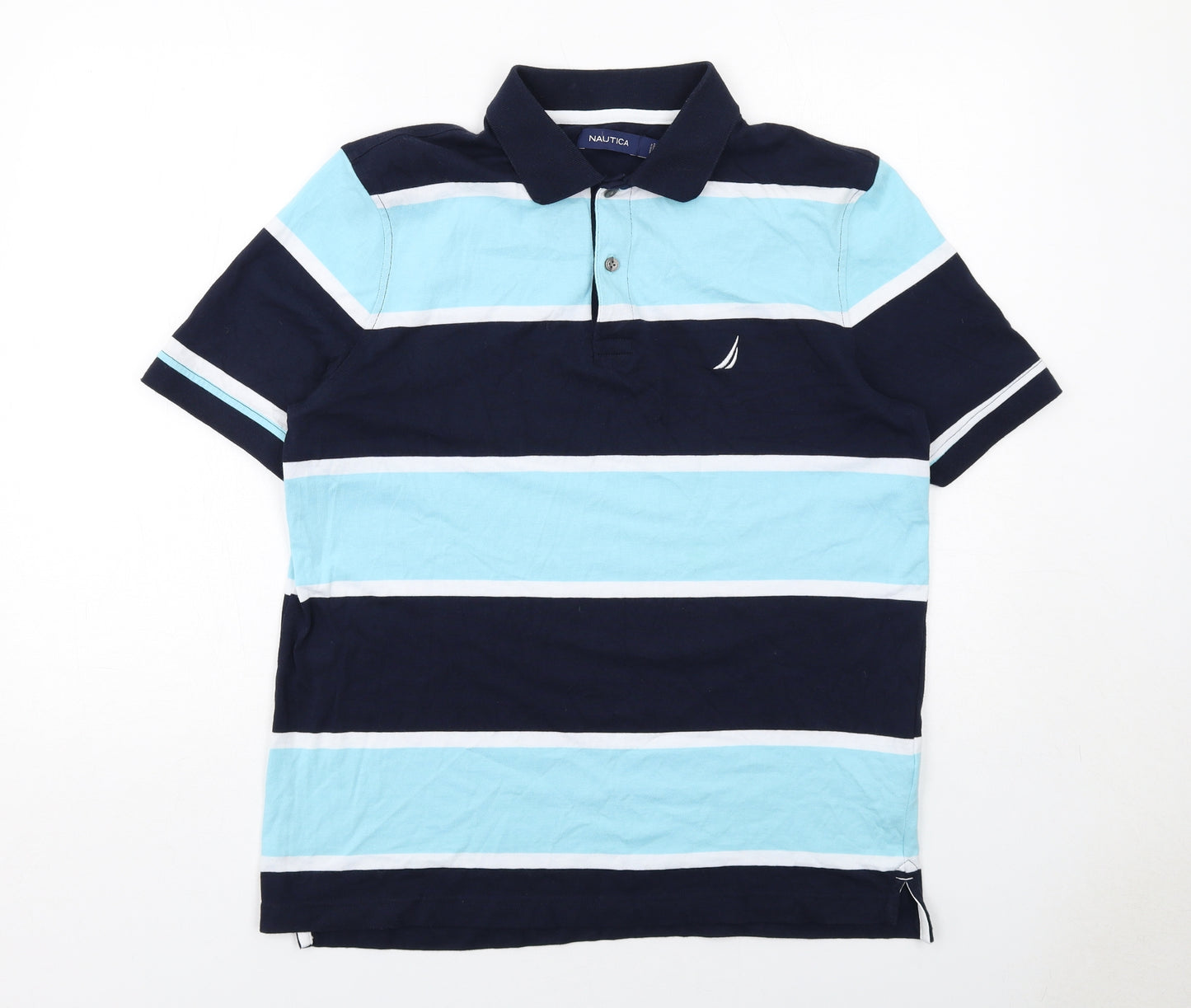Nautica Mens Blue Striped Cotton Polo Size M Collared Button