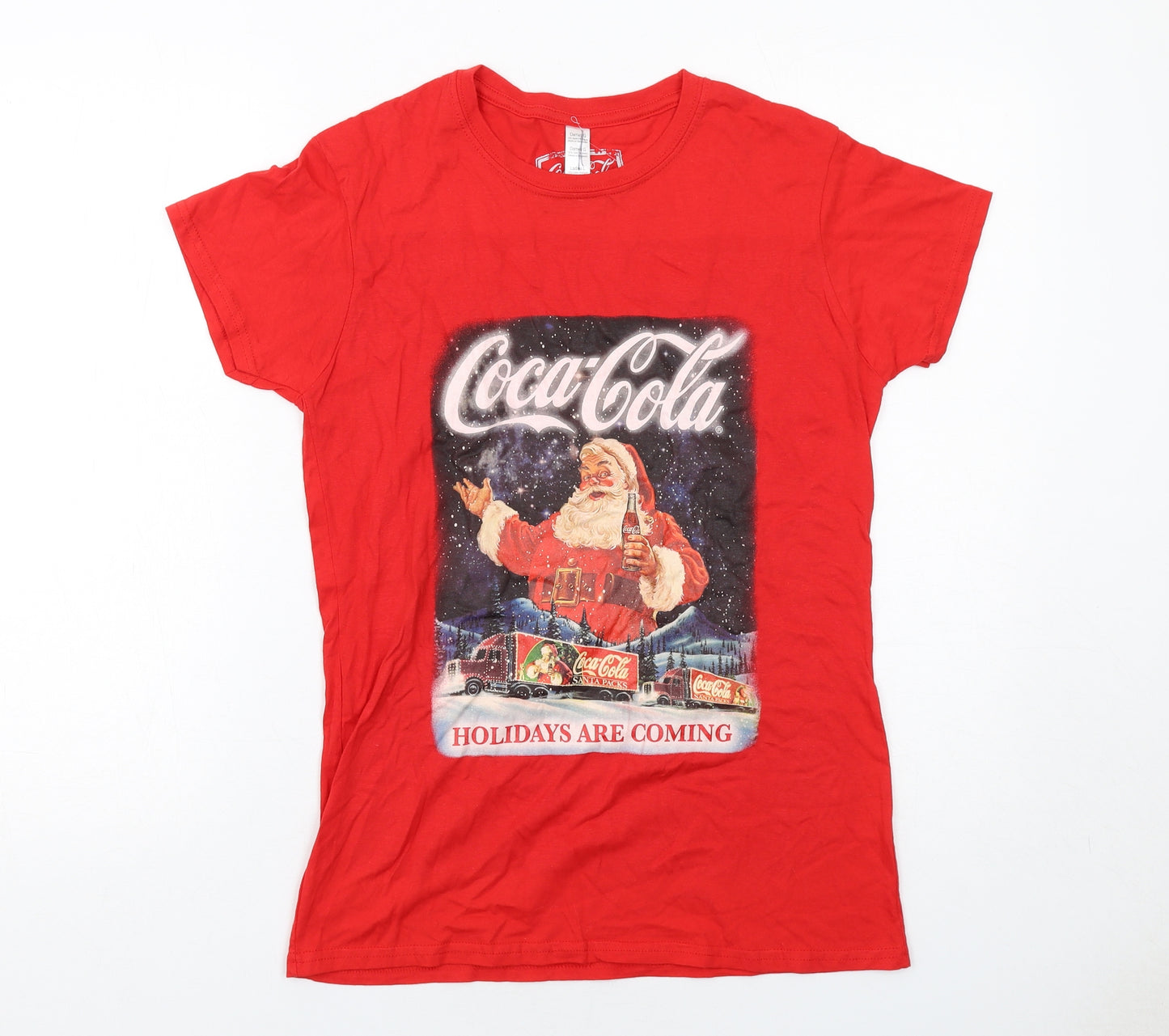 Coca-Cola Womens Red Cotton Basic T-Shirt Size L Crew Neck - Christmas Santa