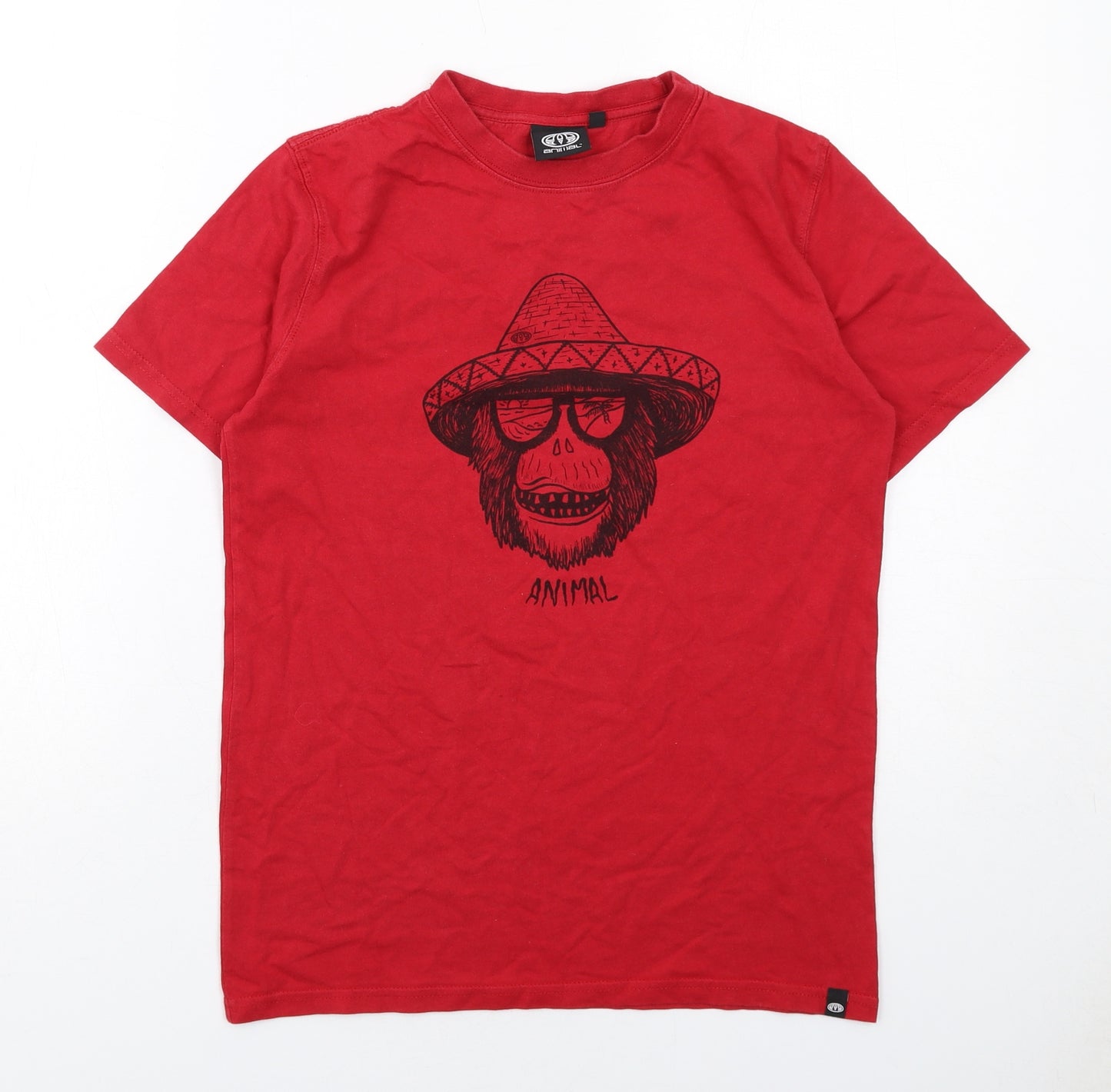 Animal Boys Red Cotton Basic T-Shirt Size 11-12 Years Round Neck Pullover - Monkey