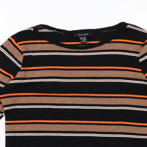 New Look Womens Black Striped Viscose Basic T-Shirt Size 16 Boat Neck - Ribbed