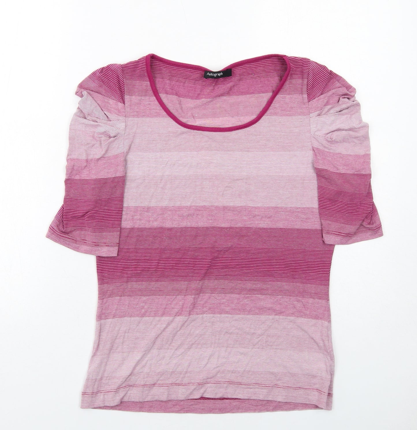 Marks and Spencer Womens Pink Striped Viscose Basic T-Shirt Size 10 Round Neck