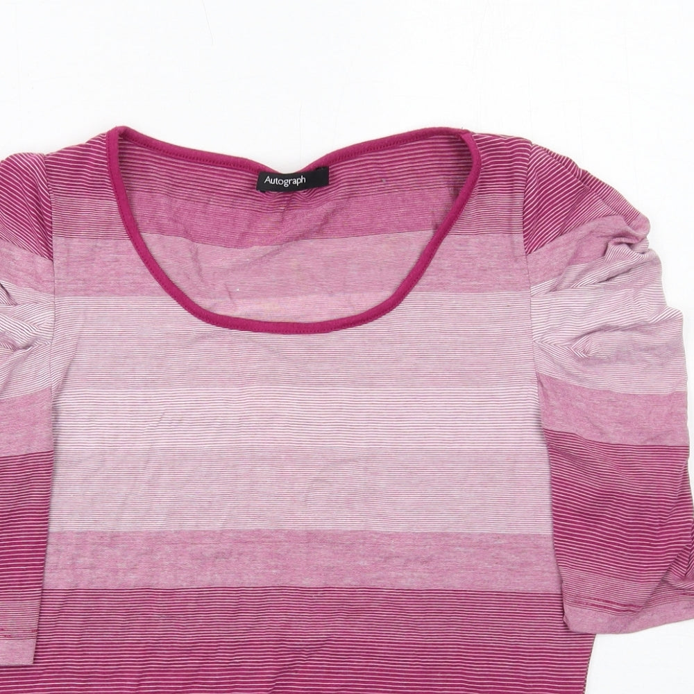 Marks and Spencer Womens Pink Striped Viscose Basic T-Shirt Size 10 Round Neck