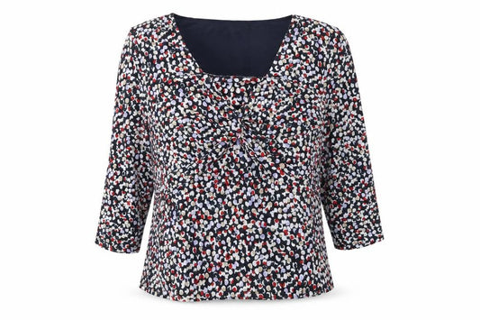 Front view of John Lewis women’s blue geometric viscose basic blouse, size UK 12, square neck - twist detail