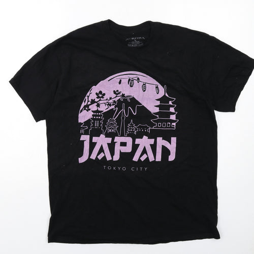 Aurora Mens Black Cotton T-Shirt Size L Round Neck - Japan Tokyo City