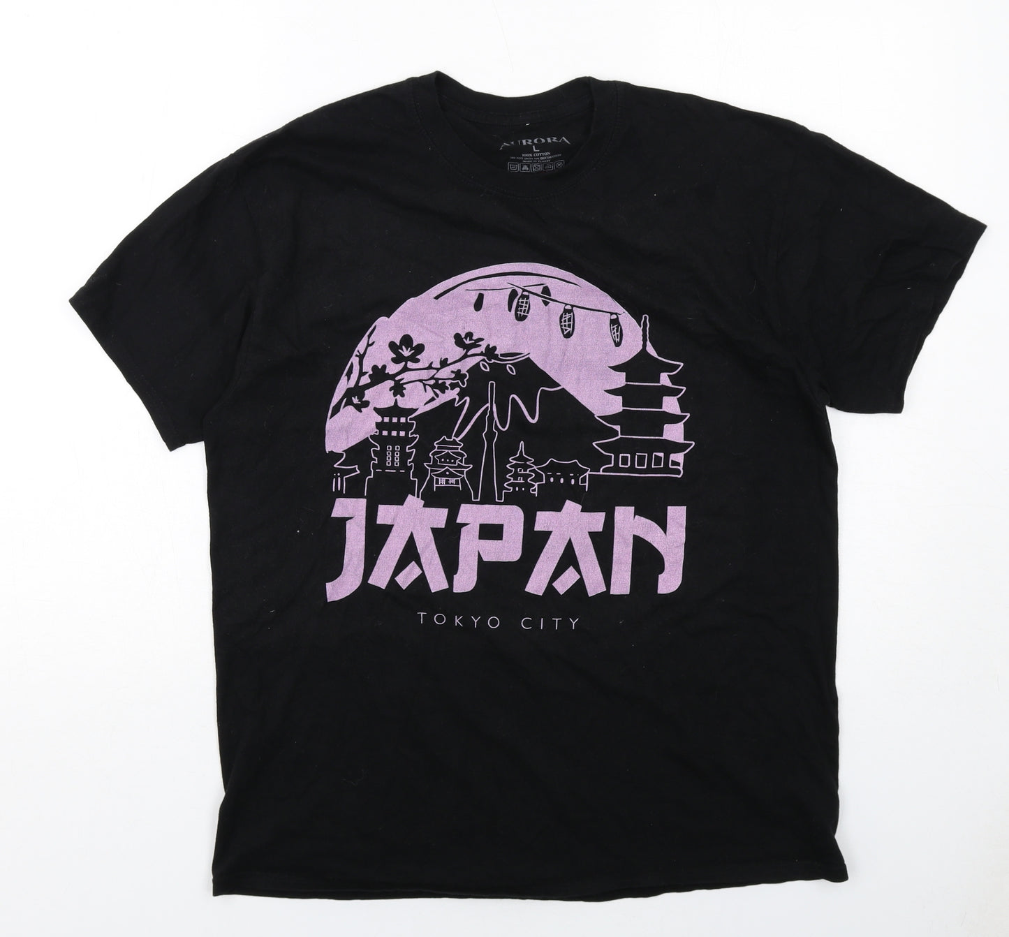 Aurora Mens Black Cotton T-Shirt Size L Round Neck - Japan Tokyo City