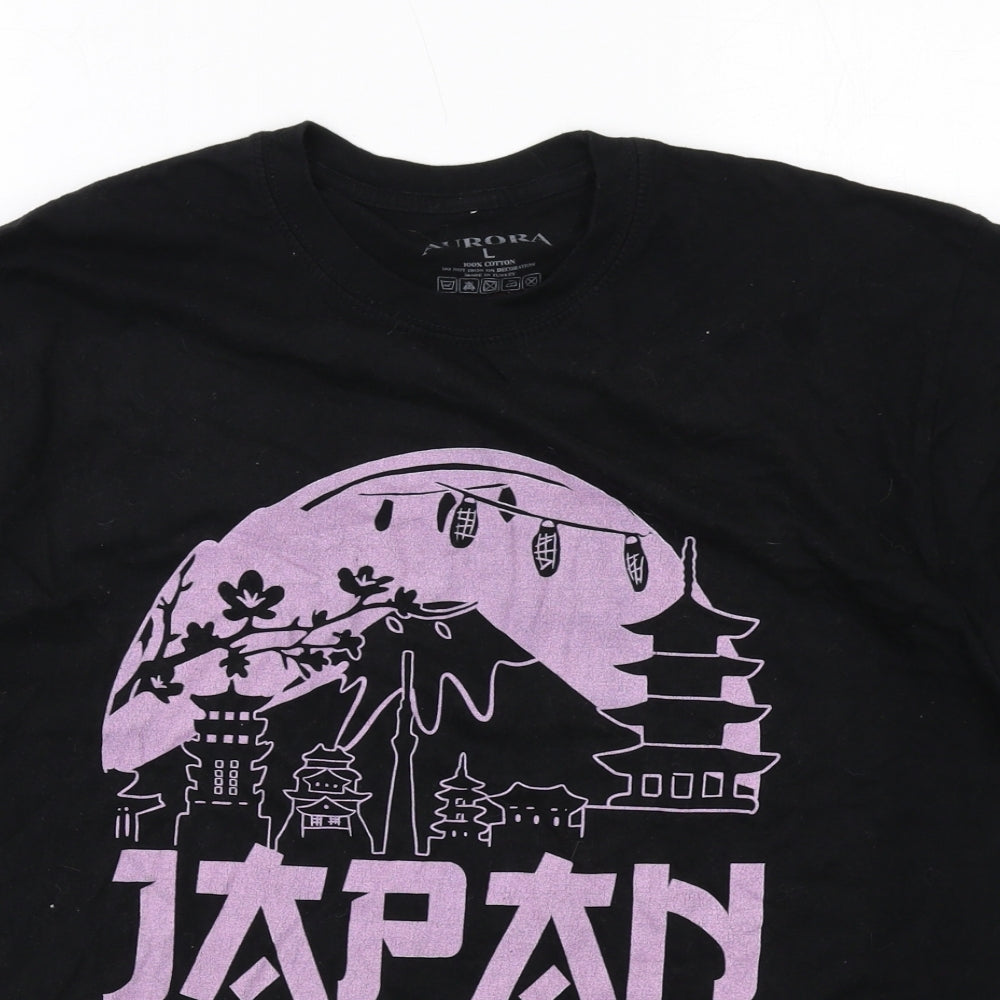 Aurora Mens Black Cotton T-Shirt Size L Round Neck - Japan Tokyo City