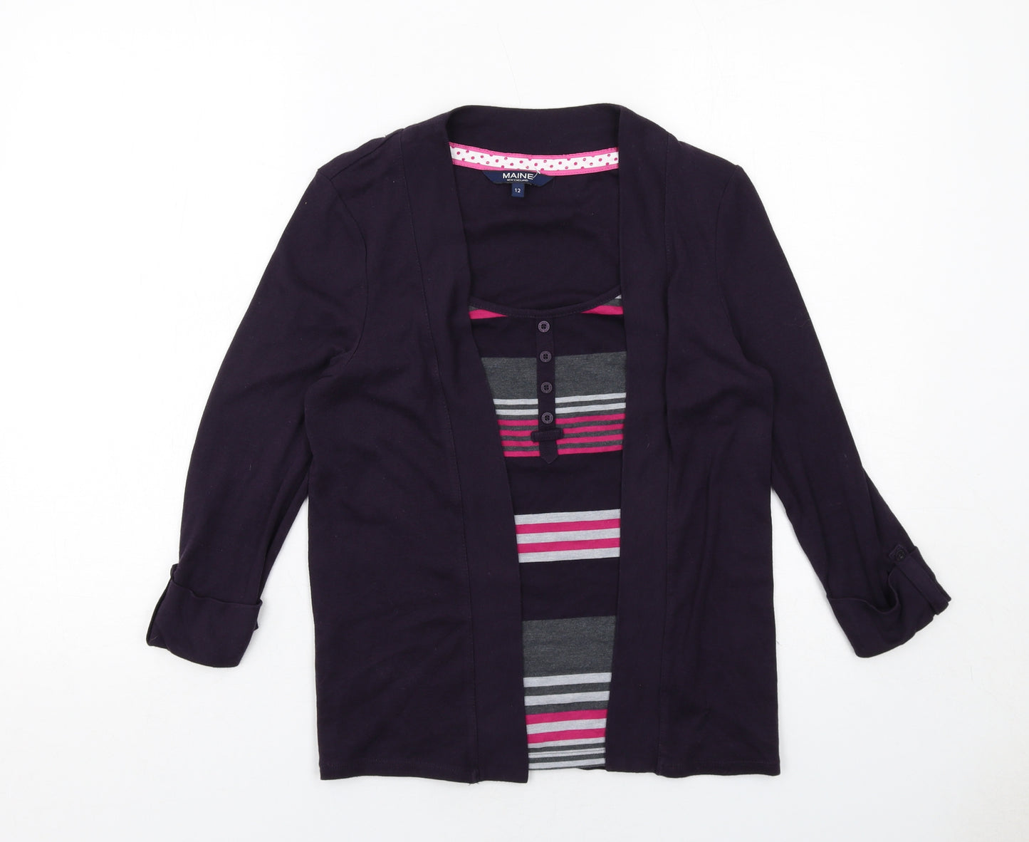Maine Womens Purple Striped Cotton Basic Blouse Size 12 Round Neck - Twin Set