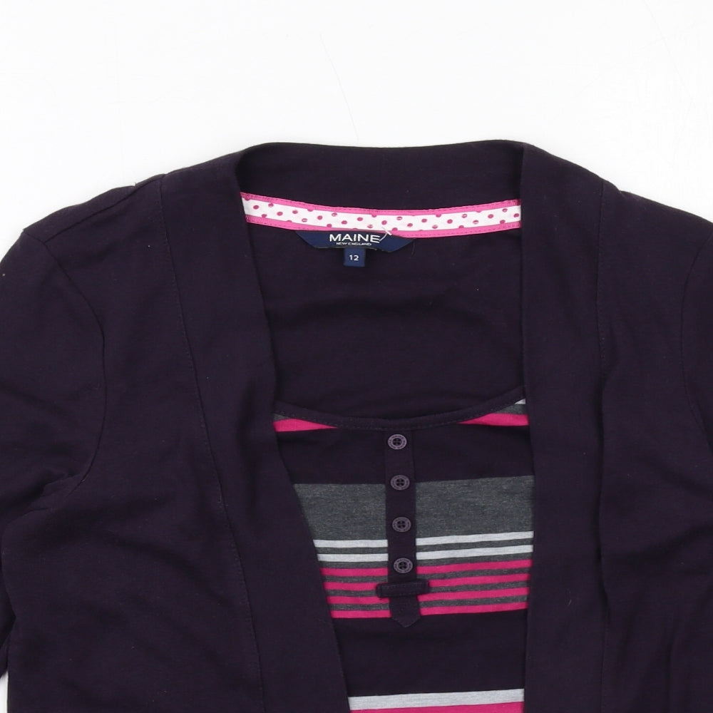 Maine Womens Purple Striped Cotton Basic Blouse Size 12 Round Neck - Twin Set