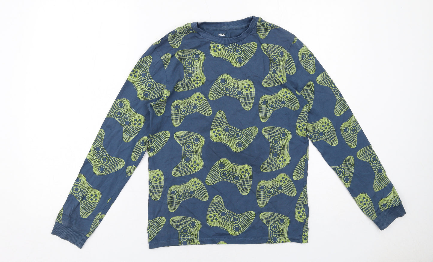 Marks and Spencer Boys Blue Geometric Cotton Basic T-Shirt Size 12-13 Years Round Neck Pullover - Remote Control