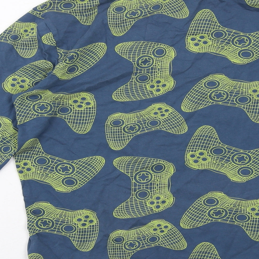 Marks and Spencer Boys Blue Geometric Cotton Basic T-Shirt Size 12-13 Years Round Neck Pullover - Remote Control